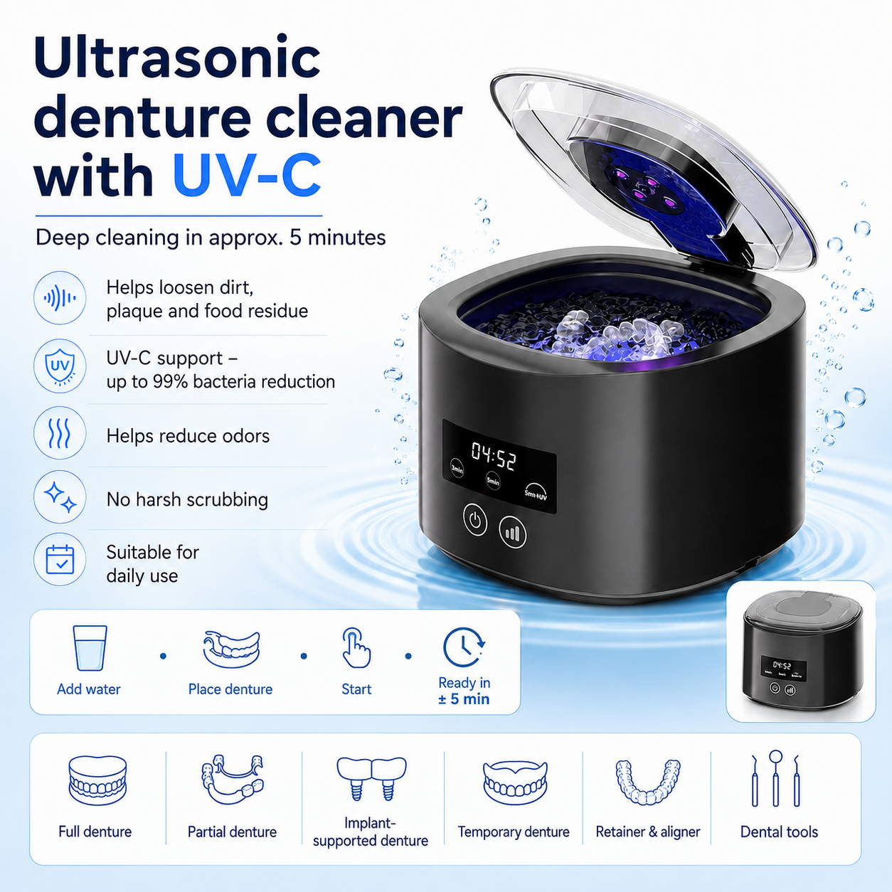 🦷 Denture Dome Ultrasonic UV-C Cleaner – For a fresher, cleaner denture in just 5 minutes
