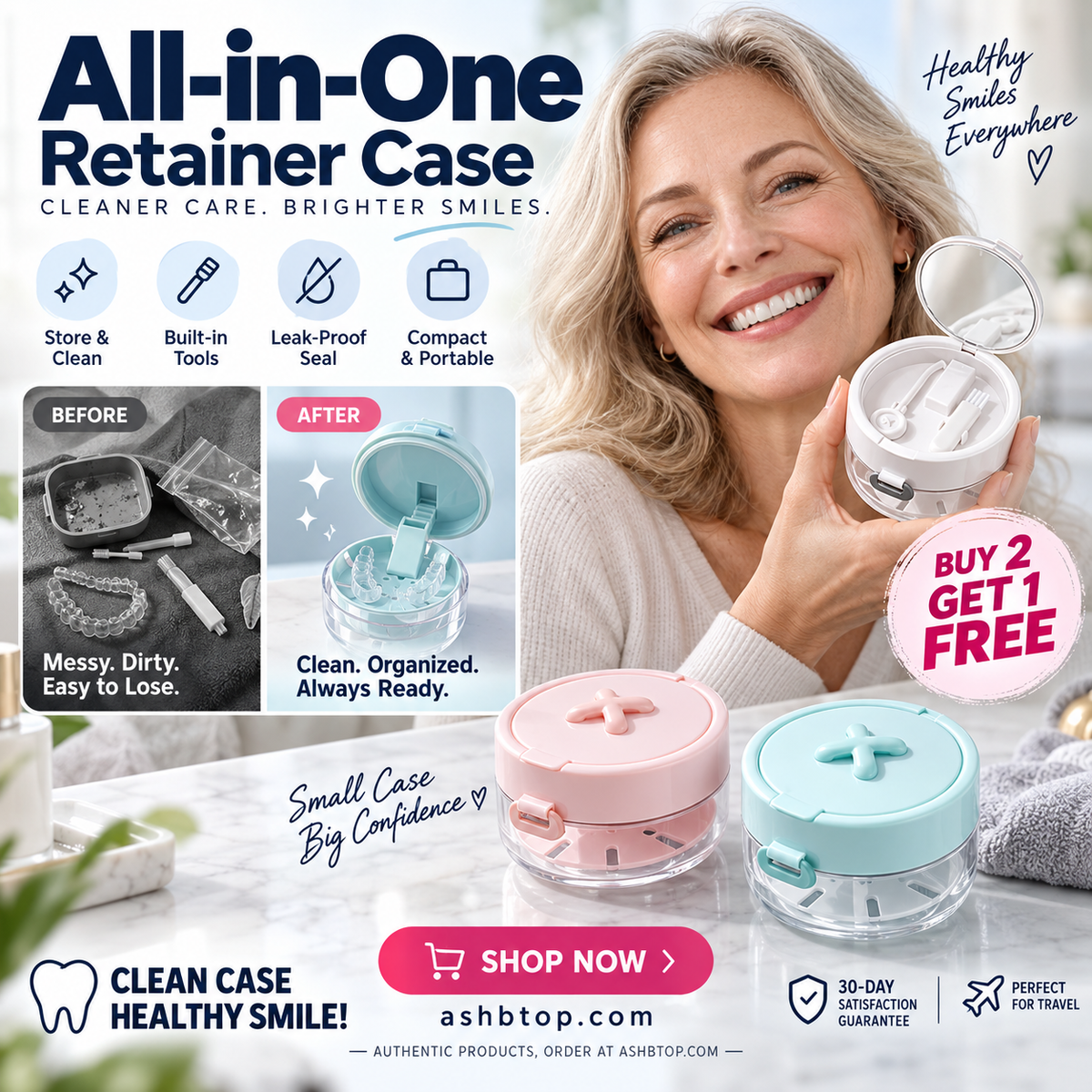 🔥Last Day Special Price $24.99!✨50K+ SOLD!🦷All-in-One Retainer Storage Case — Soaking Compartment, Built-in Mirror & Cleaning Tools