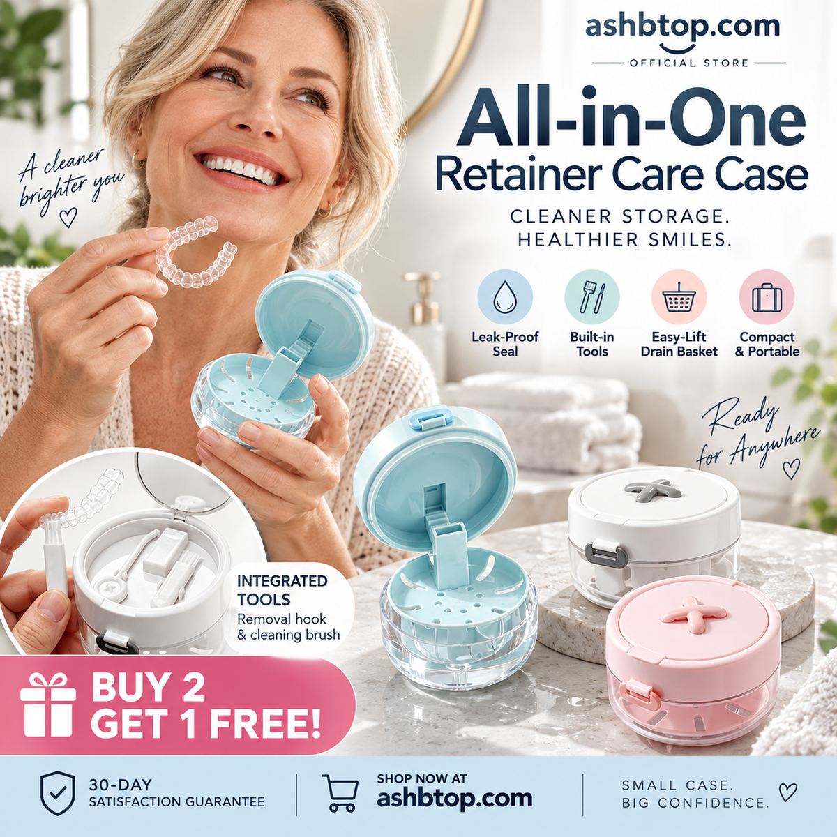 🔥Last Day Special Price $24.99!✨50K+ SOLD!🦷All-in-One Retainer Storage Case — Soaking Compartment, Built-in Mirror & Cleaning Tools