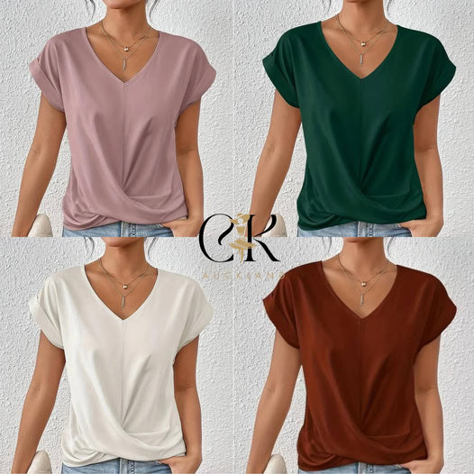 💥BIG SALE👚Elegant kortermet T-skjorte med vridd V-hals