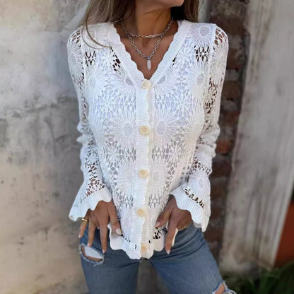 🌸Sommer varmt salg 56%OFF🌸Lang ermet topp med V-hals i blonder for kvinner