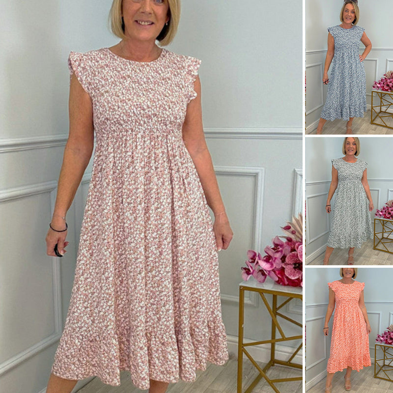 💃Women's Elegant Floral Print High-Waisted Ruffle Cap Sleeve Dress
