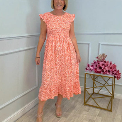 Women's Elegant Floral Print High-Waisted Ruffle Cap Sleeve Dress