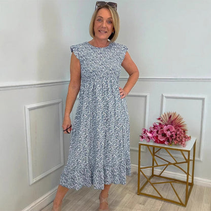 Women's Elegant Floral Print High-Waisted Ruffle Cap Sleeve Dress