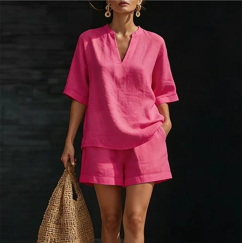 ✨ Effortless Everyday Style | Women's V-Neck Top & Wide-Leg Shorts Set