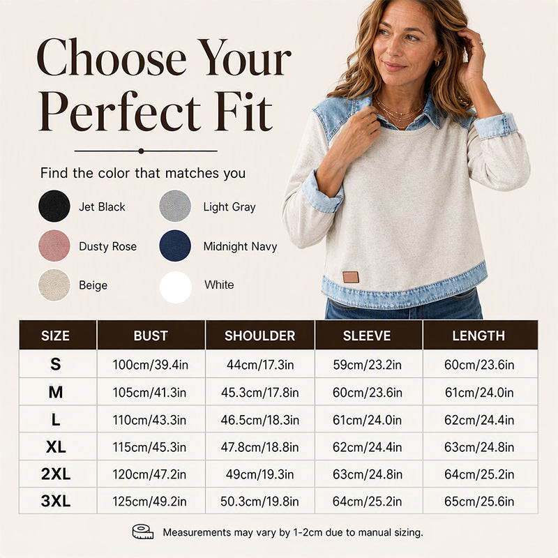 👕 Women's Long Sleeve Denim Patchwork Sweatshirt