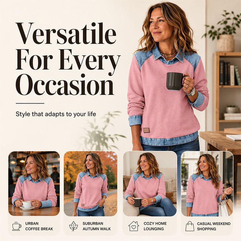 👕 Women's Long Sleeve Denim Patchwork Sweatshirt