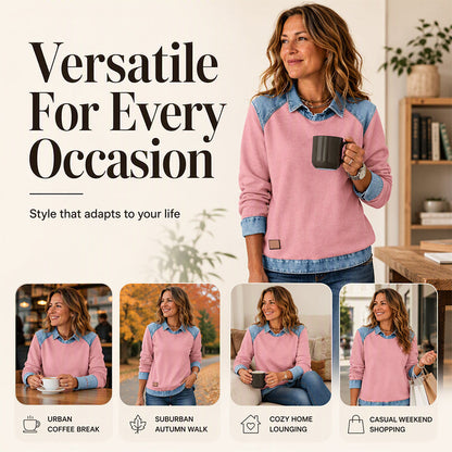 👕 Women's Long Sleeve Denim Patchwork Sweatshirt