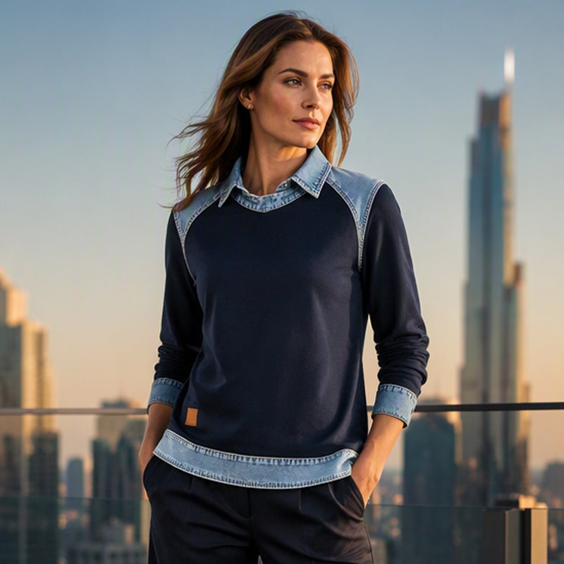 👕 Women's Long Sleeve Denim Patchwork Sweatshirt