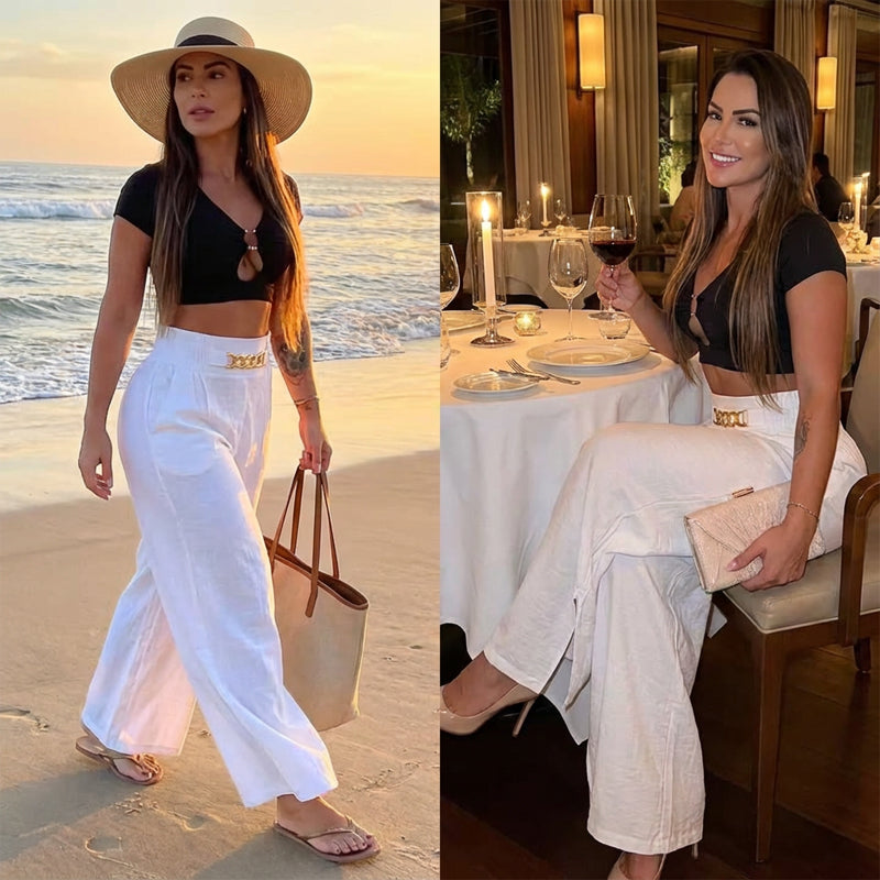 Women's High-Waist Wide-Leg Trousers with Belt Accent