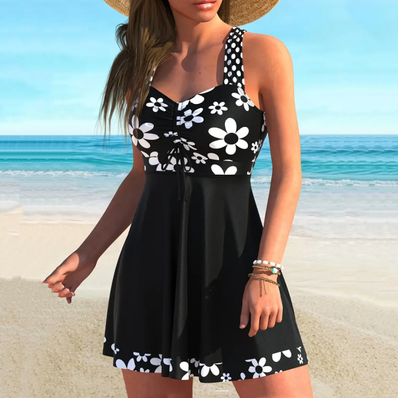 Women's Printed Sleeveless Swimdress with Built-In Shorts