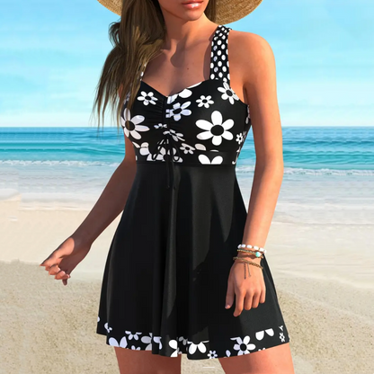 Women's Printed Sleeveless Swimdress with Built-In Shorts