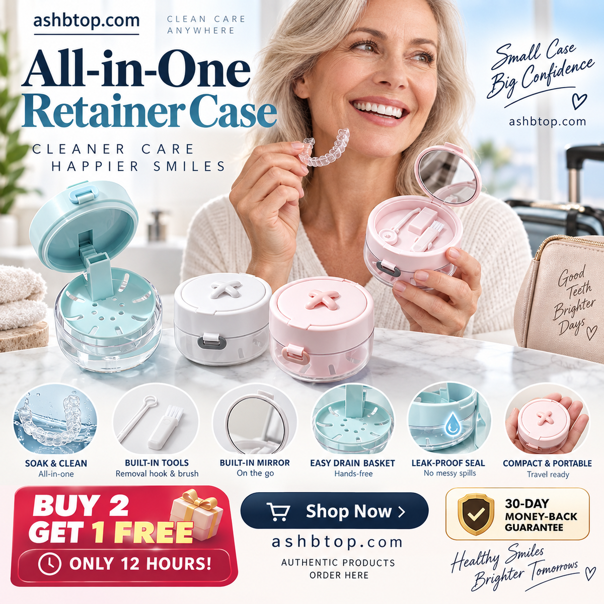 🔥Last Day Special Price $24.99!✨50K+ SOLD!🦷All-in-One Retainer Storage Case — Soaking Compartment, Built-in Mirror & Cleaning Tools
